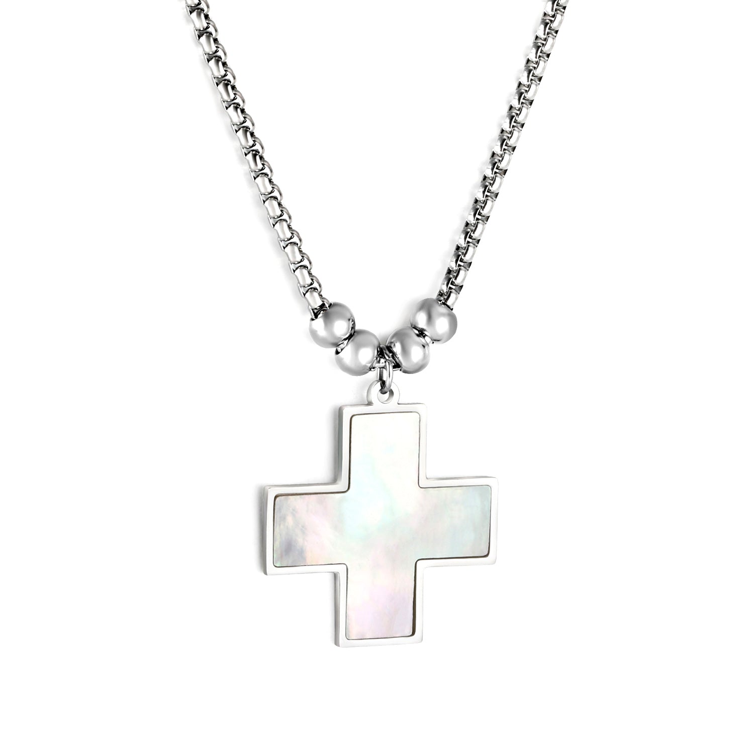 2024 New Year Cross with White Shell + 4 Steel Beads Pendant Necklace 50+5cm asonjewelry