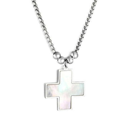 2024 New Year Cross with White Shell + 4 Steel Beads Pendant Necklace 50+5cm asonjewelry