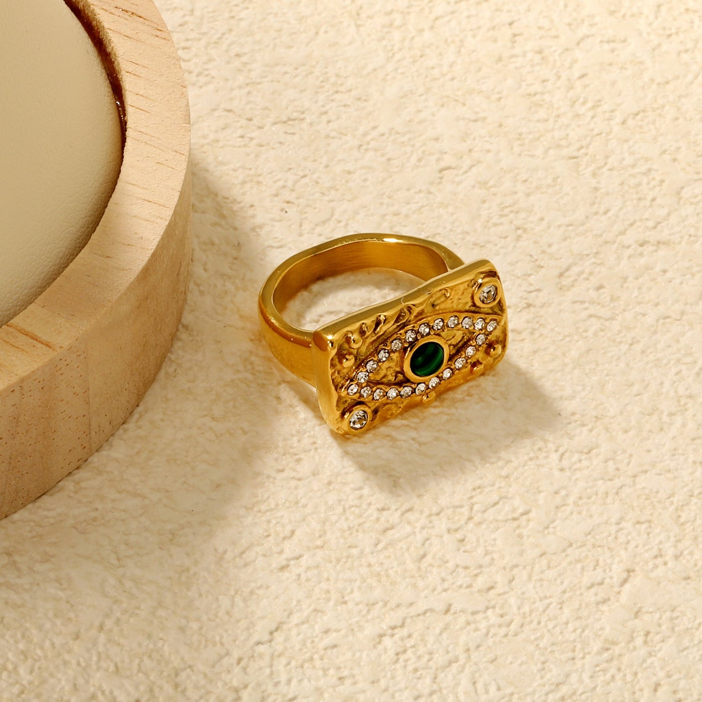 Gold Vintage - Engraved Ring with Emerald & Diamond Accents asonjewelry