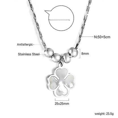 2024 New Year Clover with White Shell + 4 Steel Beads Pendant Necklace 50+5cm asonjewelry