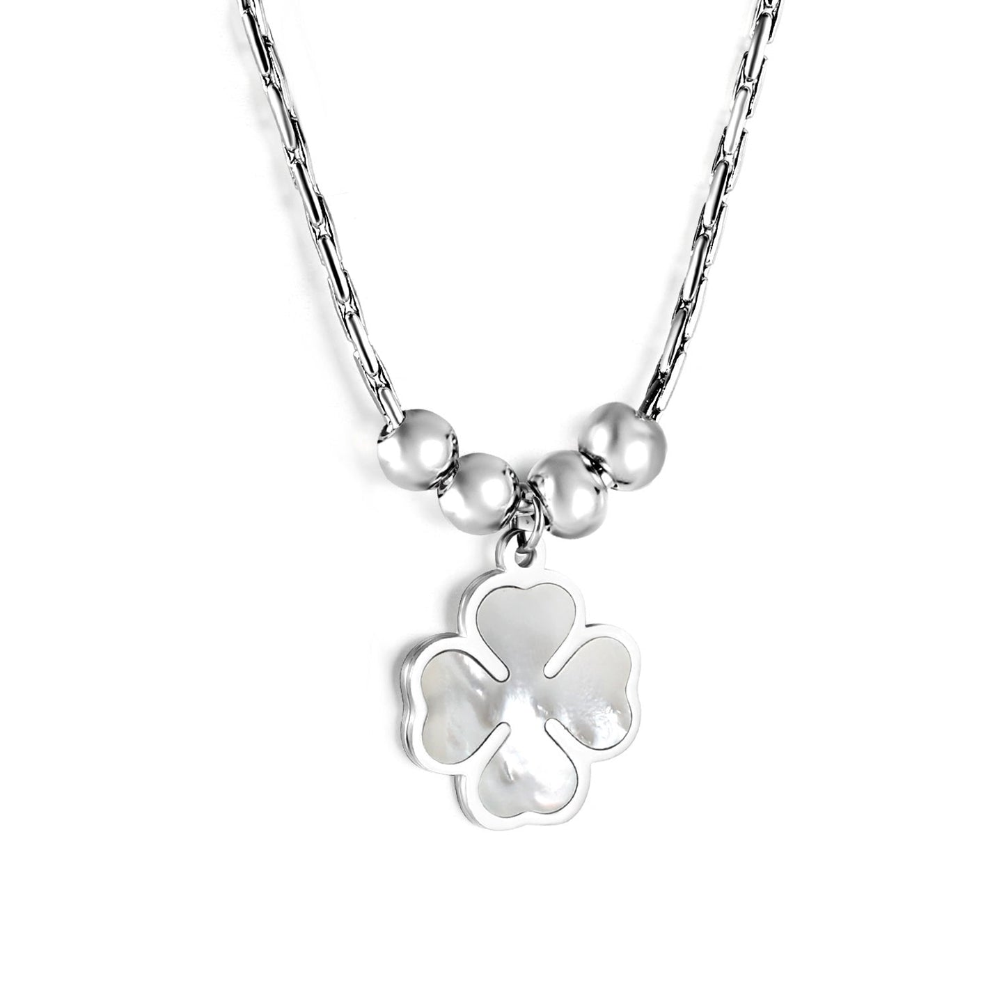 2024 New Year Clover with White Shell + 4 Steel Beads Pendant Necklace 50+5cm asonjewelry