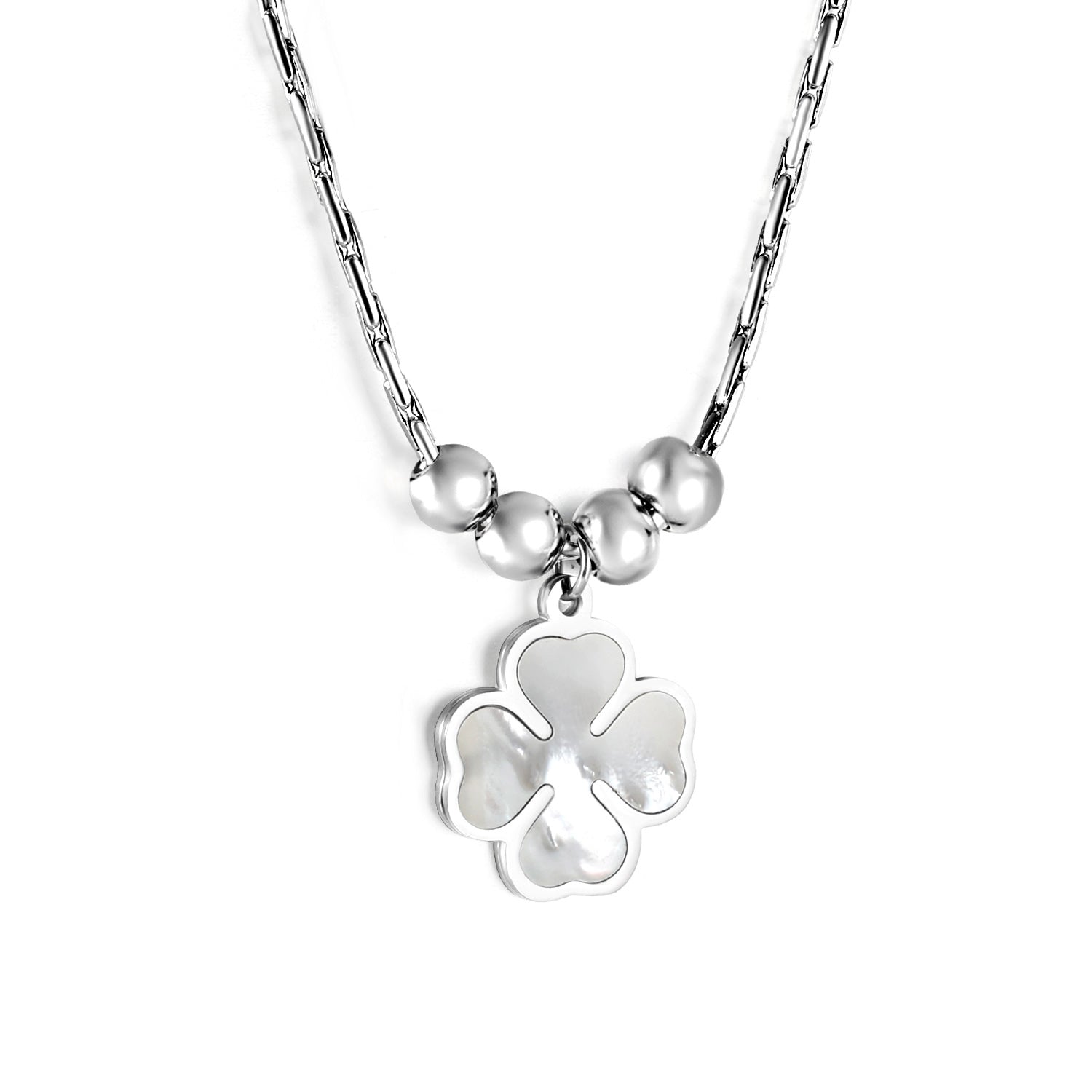 2024 New Year Clover with White Shell + 4 Steel Beads Pendant Necklace 50+5cm asonjewelry
