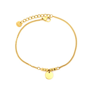 3mm 6 through-hole steel beads, 8mm round pieces, 18+3cm+6mm round end tag. Hand chain in gold color.