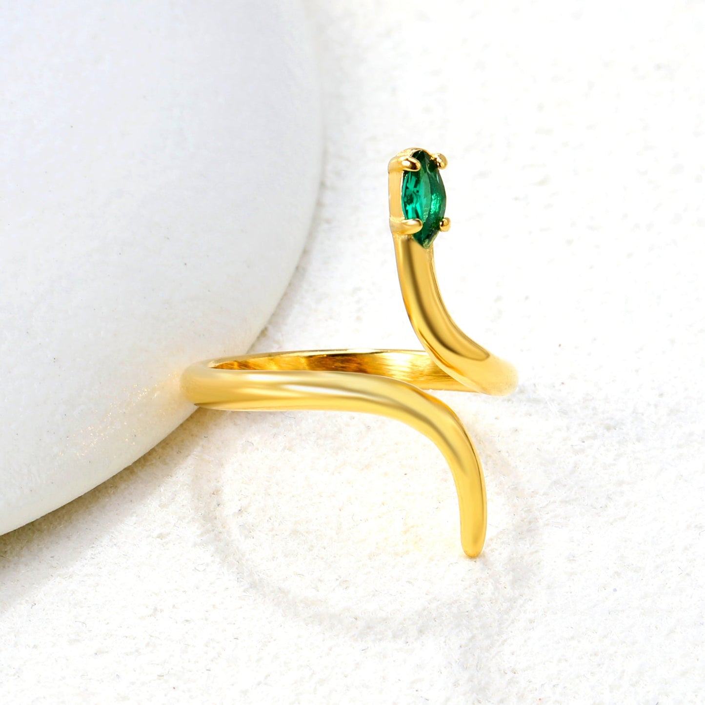 18K Gold - Plated Snake - Shaped Ring with Emerald and Diamond Accents asonjewelry