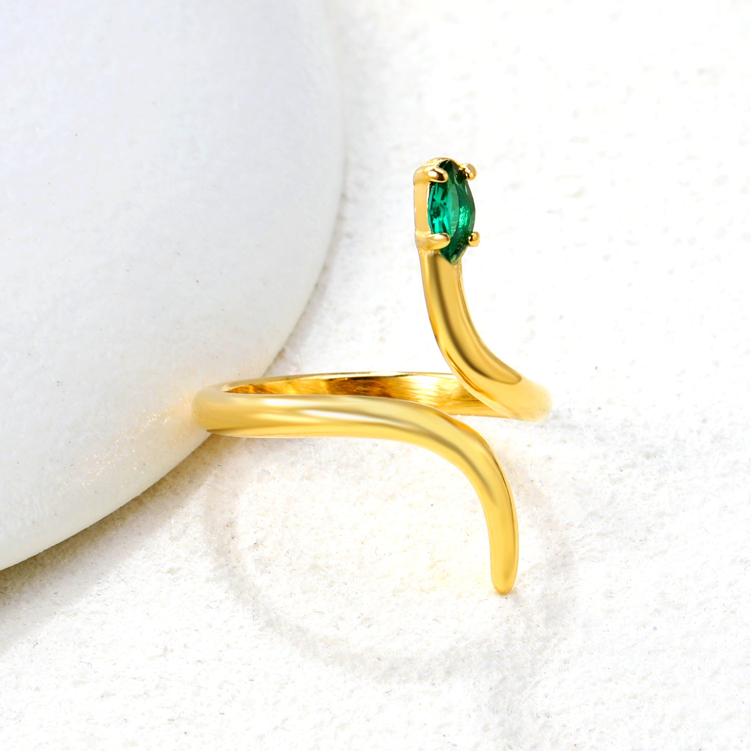 18K Gold - Plated Snake - Shaped Ring with Emerald and Diamond Accents asonjewelry