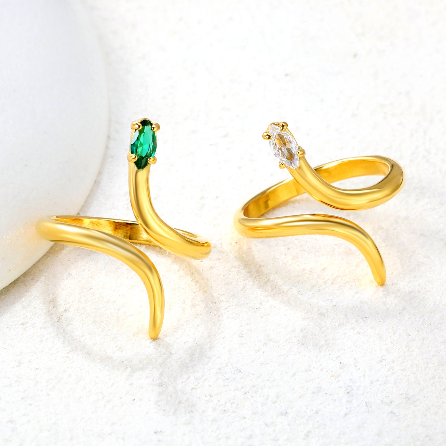 18K Gold - Plated Snake - Shaped Ring with Emerald and Diamond Accents asonjewelry