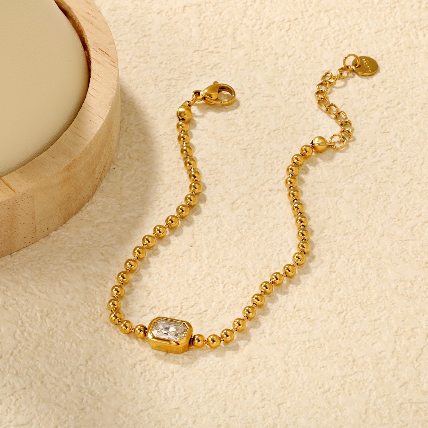 9*7mm rectangular white/pink/champagne zirconia 3mm bead chain 18+3cm+6mm round pendant bracelet gold asonjewelry