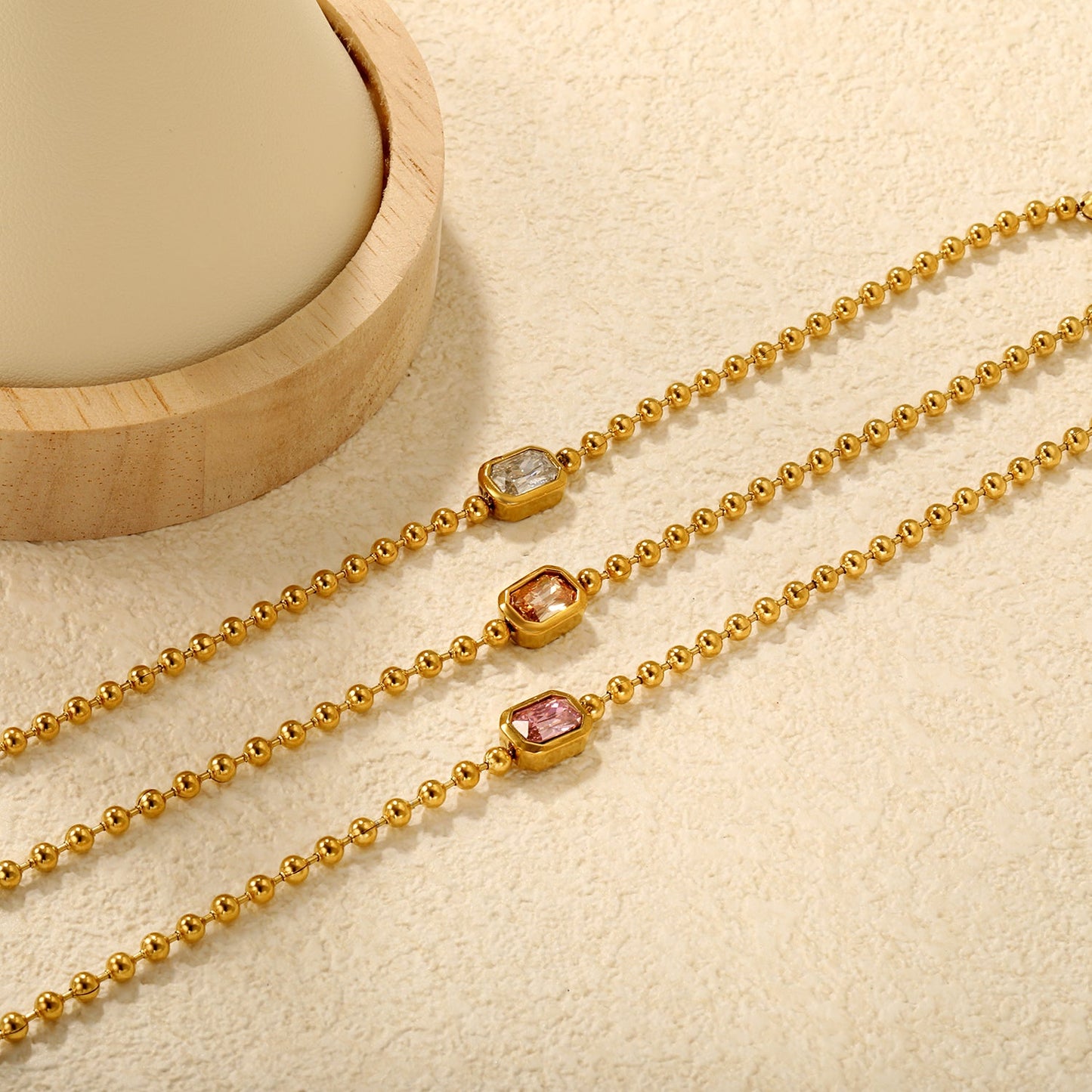 9*7mm rectangular white/pink/champagne zirconia 3mm bead chain 18+3cm+6mm round pendant bracelet gold asonjewelry