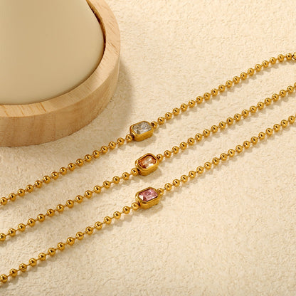 9*7mm rectangular white/pink/champagne zirconia 3mm bead chain 18+3cm+6mm round pendant bracelet gold asonjewelry