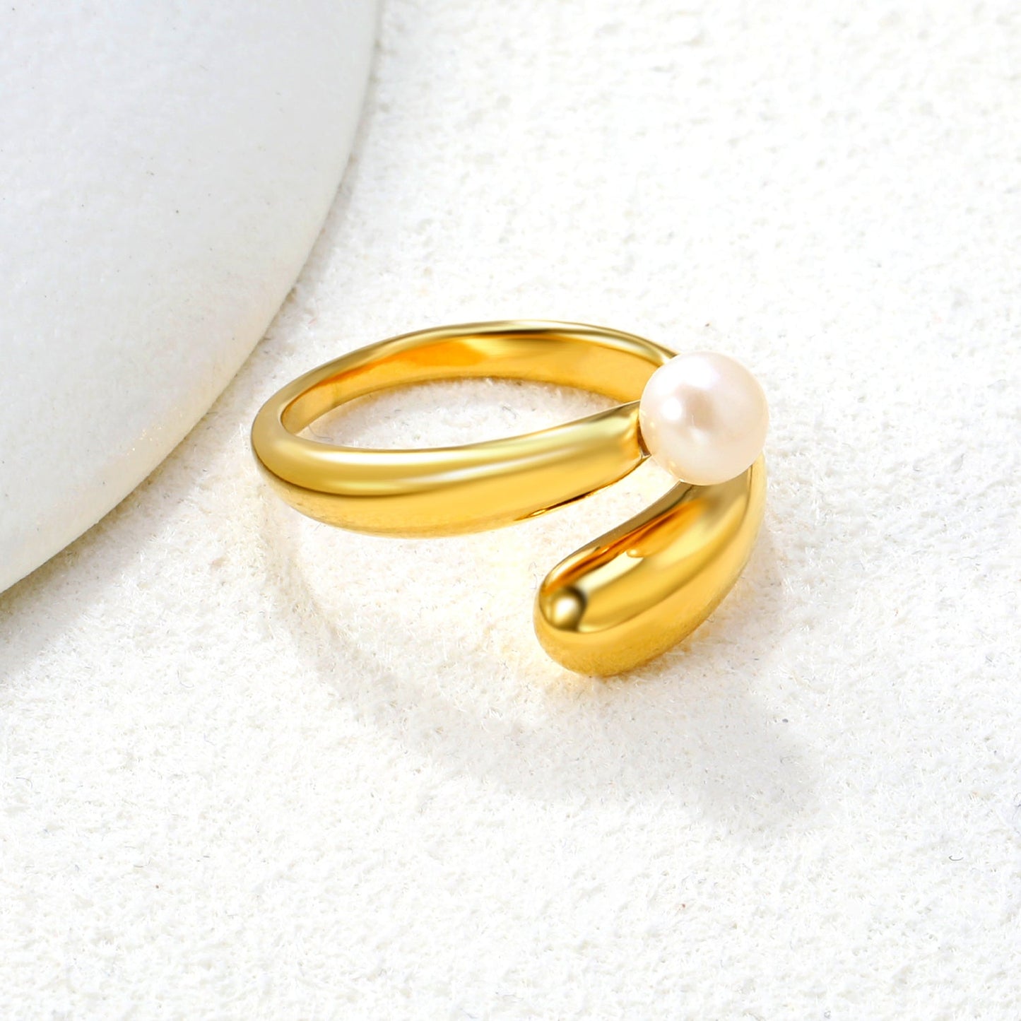 18K Gold - Plated Ring with Curved Band and Single Pearl asonjewelry