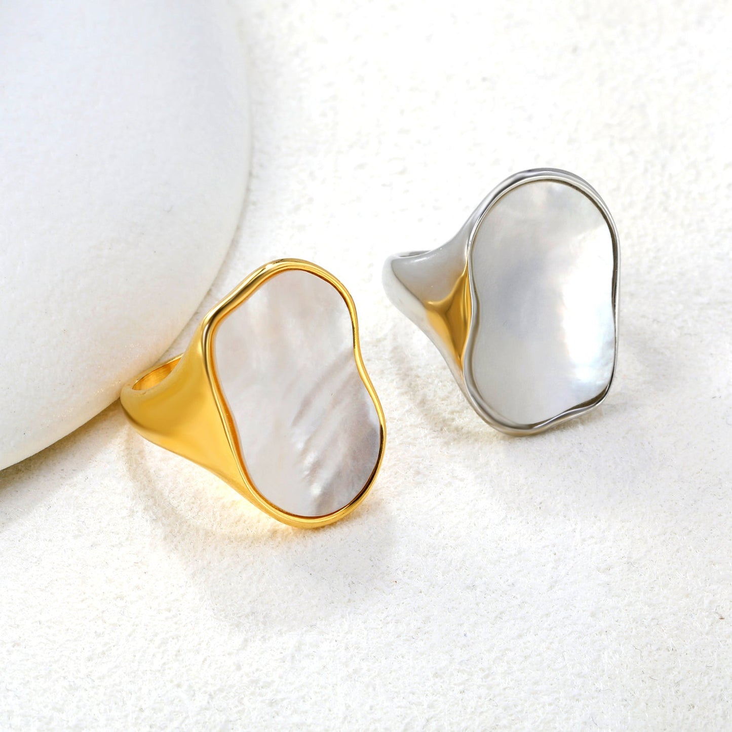 Wholesale Trendy Gold - Toned Stainless Steel Open Rings with Irregular Mother - of - Pearl Inlay for Bulk Orders asonjewelry