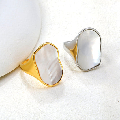 Wholesale Trendy Gold - Toned Stainless Steel Open Rings with Irregular Mother - of - Pearl Inlay for Bulk Orders asonjewelry