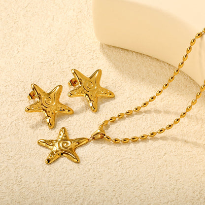 Screw Starfish Set Gold Earrings: 26x26.6mm Pendant: 26x26.6mm 2x4mm Olive Glass Bead Chain 40+5cm+6mm Round Pendant asonjewelry