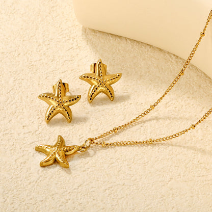 Starfish Set  Gold Earrings: 16.5 x 17mm Pendant: 16.5 x 17mm 0.4mm Side-Mounted Pearl Chain 40+5cm + 6mm Round Pendant asonjewelry