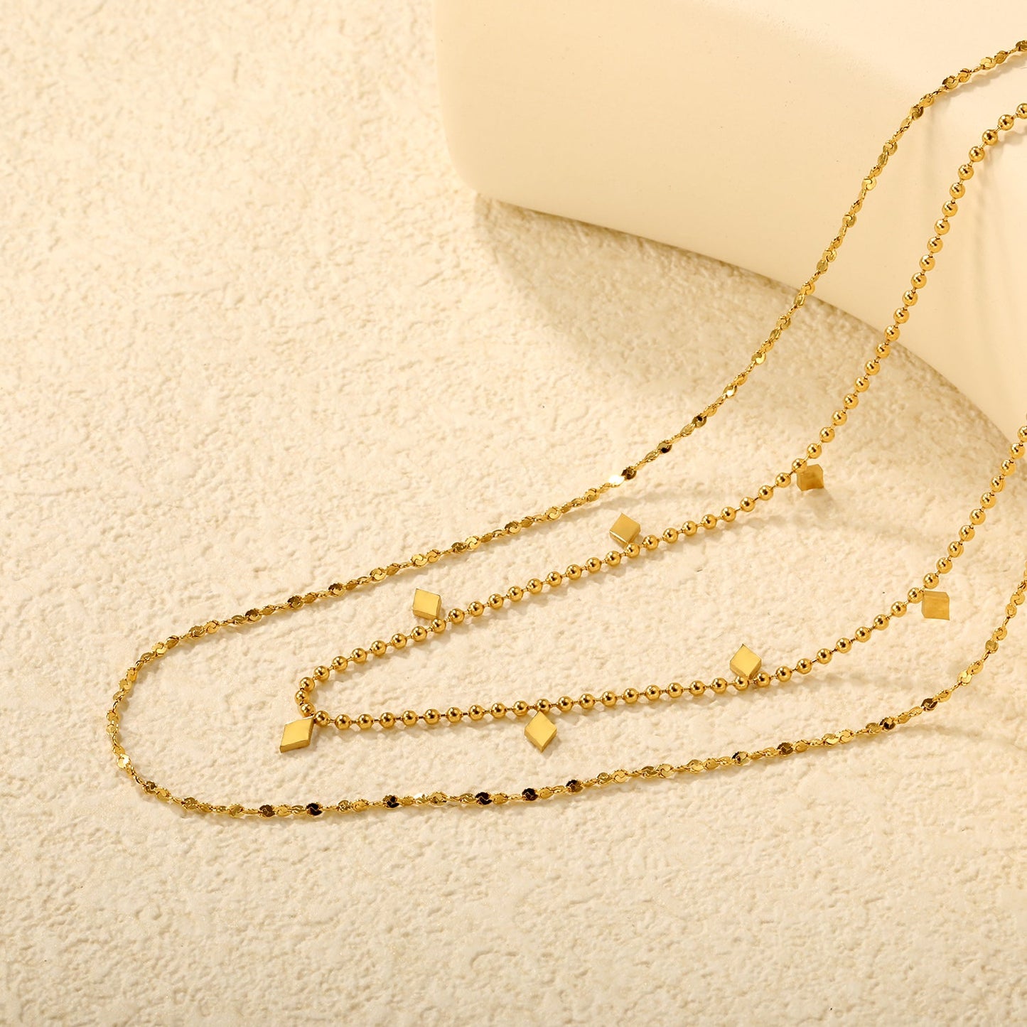 3x5mm 7 smooth diamond-shaped accessories double chain 1.5 pearl chain 40cm + 0.3 starry sky 50x5cm + 6mm round tail tag necklace, gold asonjewelry