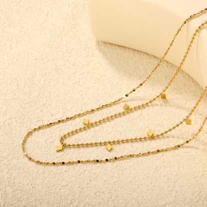 3x5mm 7 smooth diamond-shaped accessories double chain 1.5 pearl chain 40cm + 0.3 starry sky 50x5cm + 6mm round tail tag necklace, gold asonjewelry