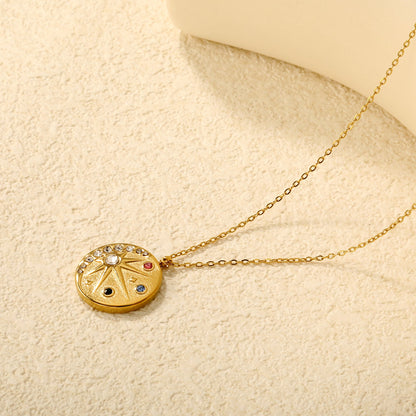 18mm eight-pointed star with colored diamonds 0.3 cross chain 40+5cm+6mm round pendant necklace, gold asonjewelry