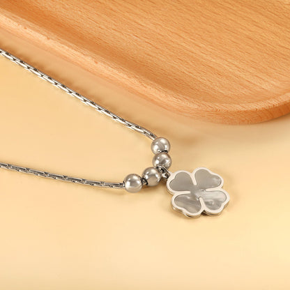 2024 New Year Clover with White Shell + 4 Steel Beads Pendant Necklace 50+5cm asonjewelry