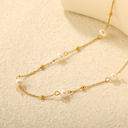 6x8mm Five Freshwater Pearls 0.35 Cross Bead Chain 40+5cm + 6mm Round Tail Tag Necklace Gold asonjewelry