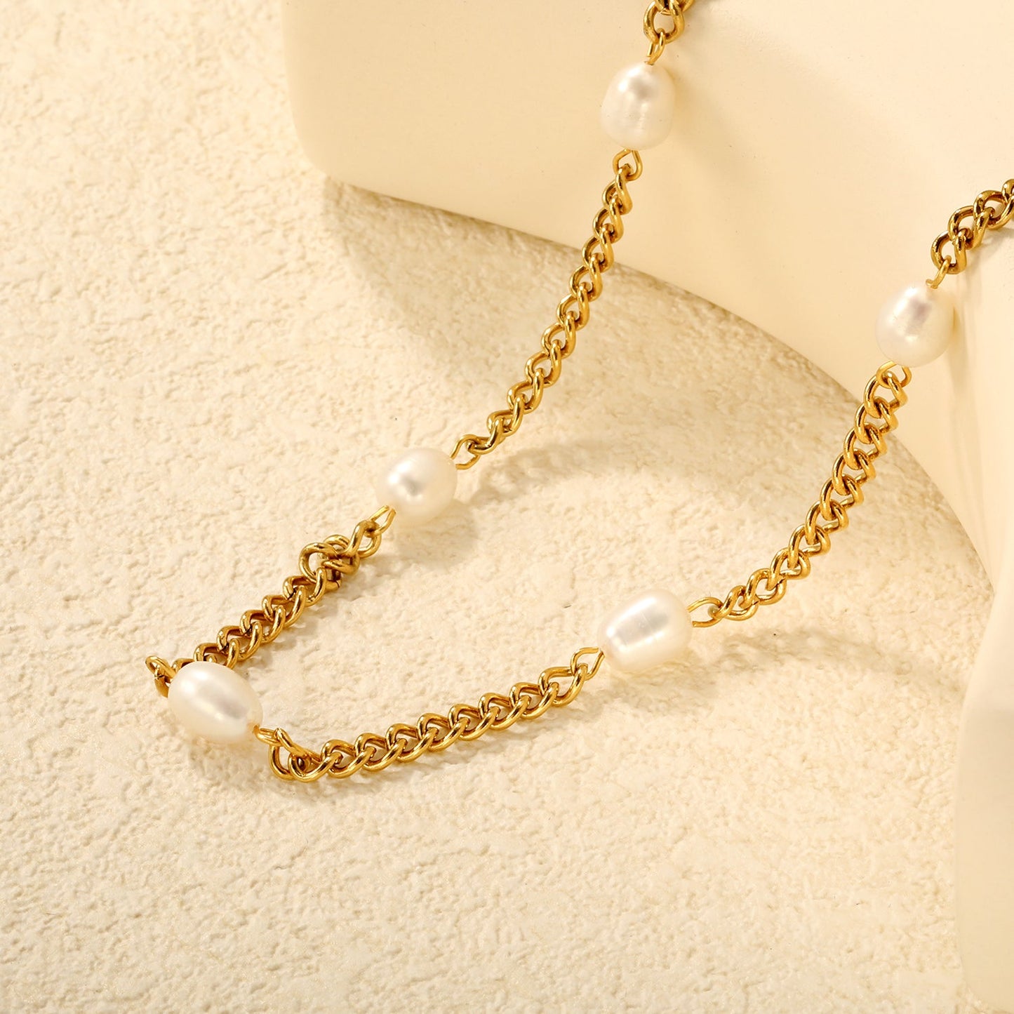 6*8mm 5 freshwater pearls 4mm side chain 40+5cm+6mm round pendant necklace, gold asonjewelry