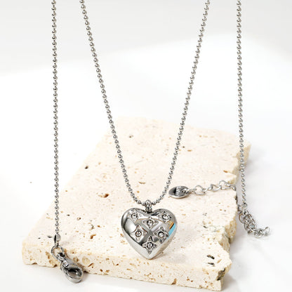 15*16.8mm heart with 6 white diamonds pendant+1.2mm bobble chain necklace 45+5cm asonjewelry