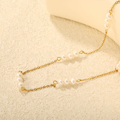 5x5mm 15 freshwater pearls 0.35 cross chain 40+5cm + 6mm round pendant necklace, gold asonjewelry