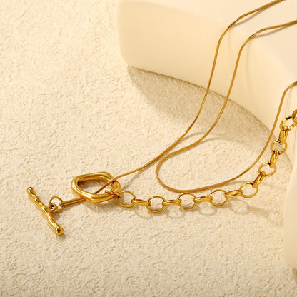 Sweater Chain 2.6 x 25mm Straight Teardrop + 16 x 18mm Oval Pendant 0.9 Round Snake + 6.0 Pearl 85cm Necklace Steel Color/Gold Color asonjewelry