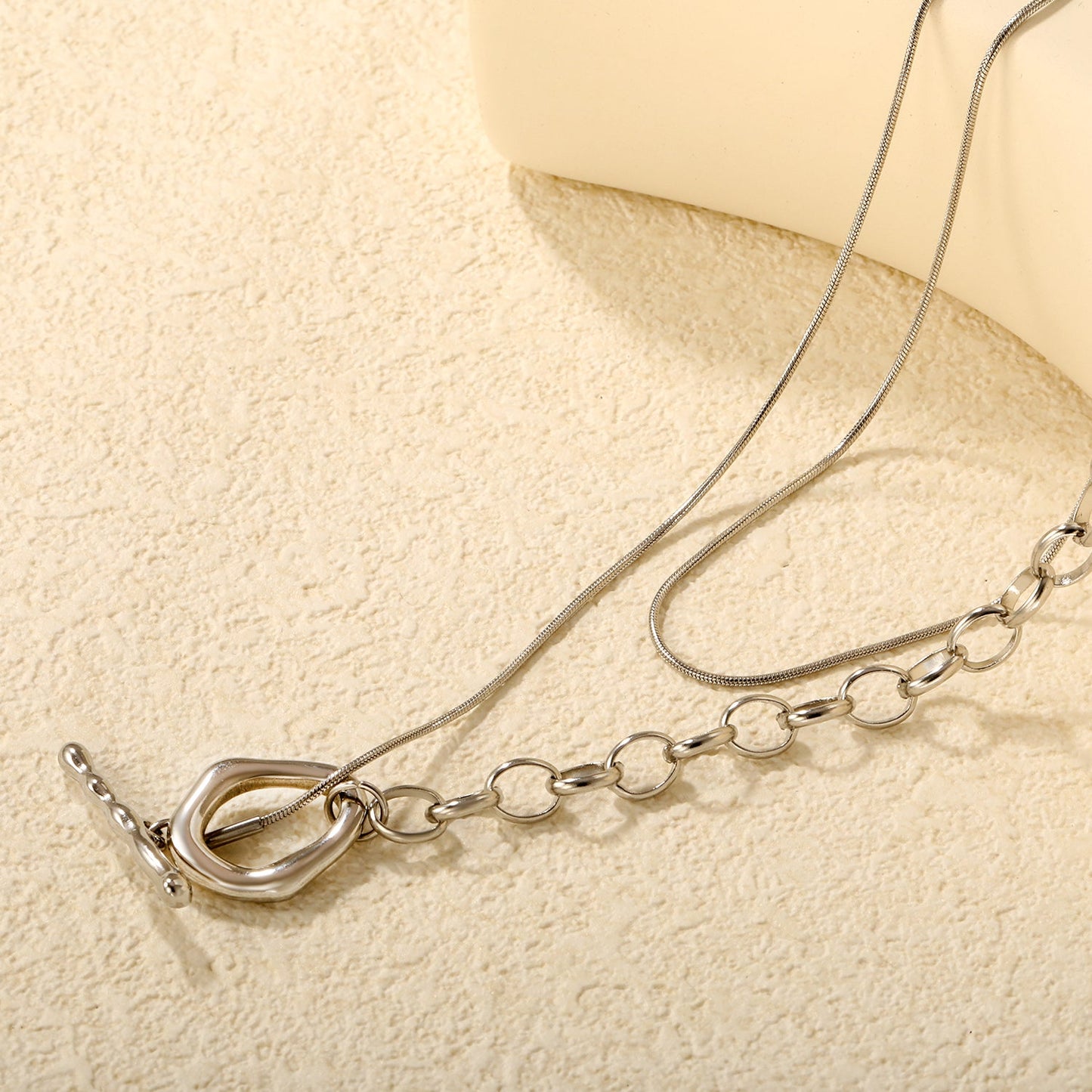 Sweater Chain 2.6 x 25mm Straight Teardrop + 16 x 18mm Oval Pendant 0.9 Round Snake + 6.0 Pearl 85cm Necklace Steel Color/Gold Color asonjewelry