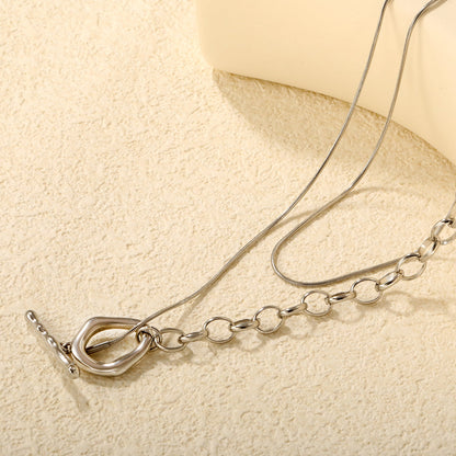 Sweater Chain 2.6 x 25mm Straight Teardrop + 16 x 18mm Oval Pendant 0.9 Round Snake + 6.0 Pearl 85cm Necklace Steel Color/Gold Color asonjewelry