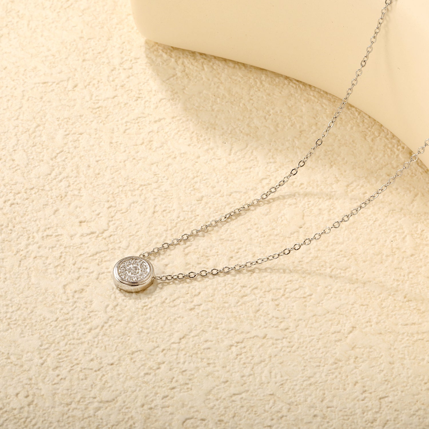 8.5mm beveled round CNC white zirconia pendant 0.3 cross chain 40+5cm+6mm round pendant necklace steel color/gold color asonjewelry