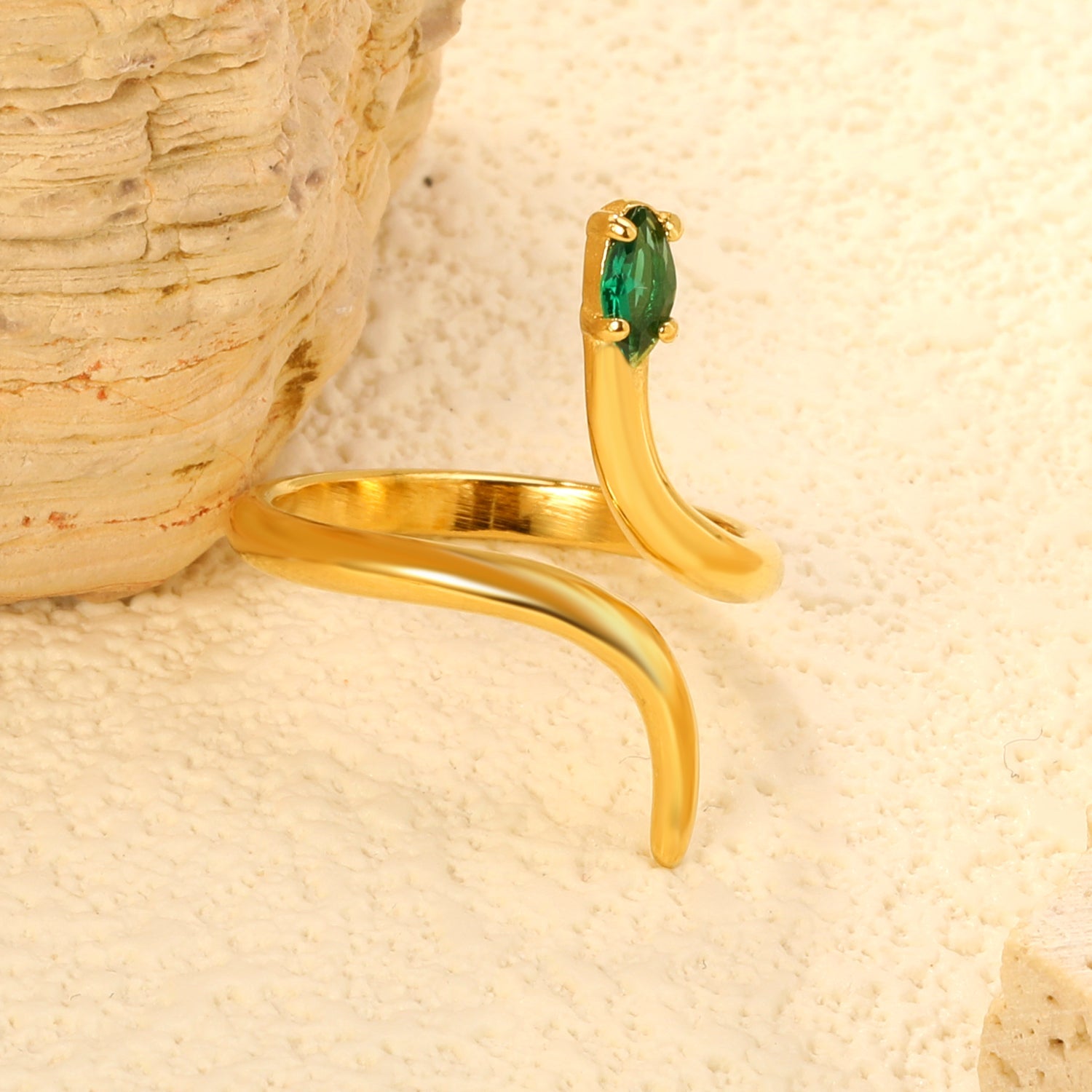 18K Gold - Plated Snake - Shaped Ring with Emerald and Diamond Accents asonjewelry