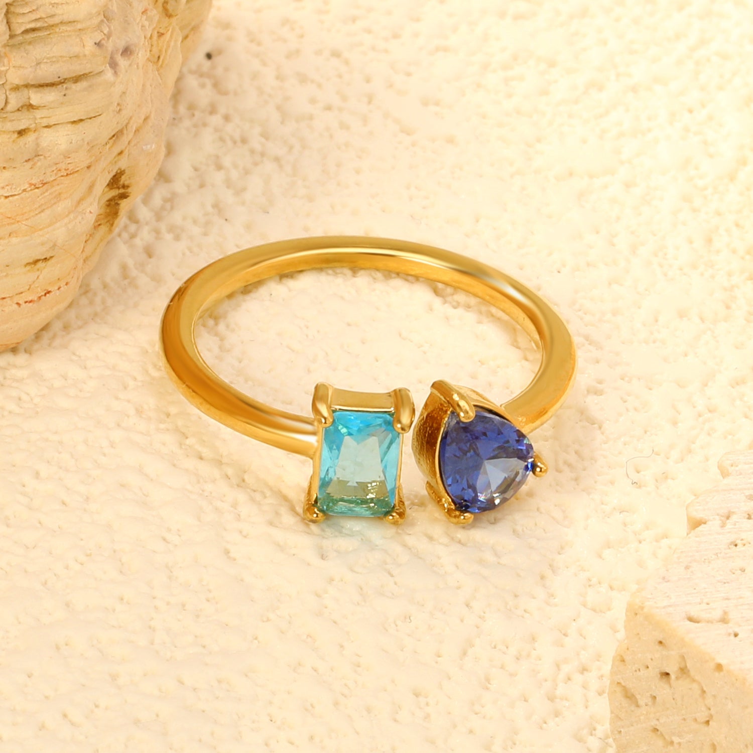 18K Gold - Plated Double Ring with Multi - Color Gemstones asonjewelry