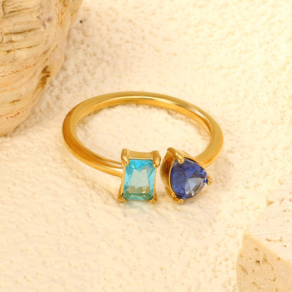 18K Gold - Plated Double Ring with Multi - Color Gemstones asonjewelry