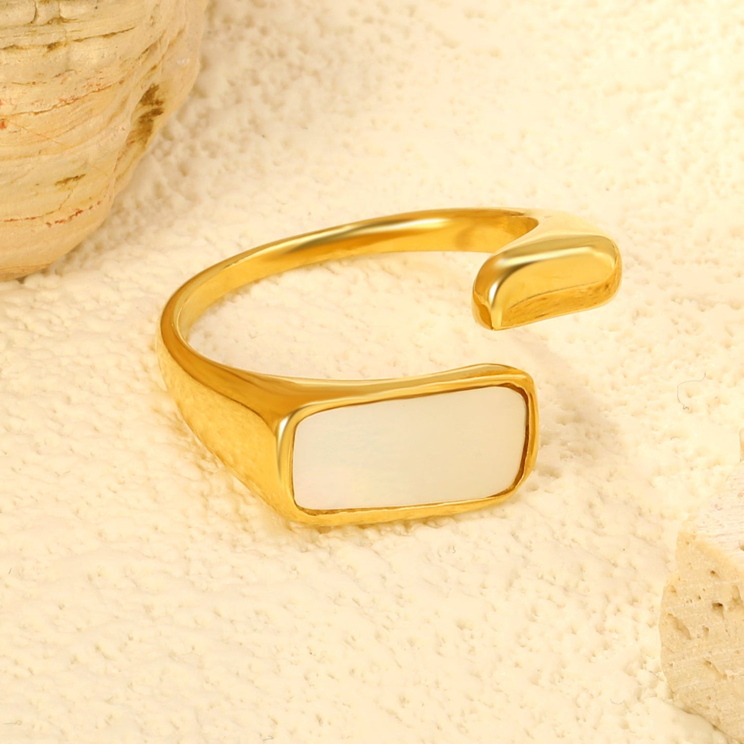 Stylish golden open - ring with rectangular mother - of - pearl inlay, simple and elegant, exuding elegant charm! asonjewelry