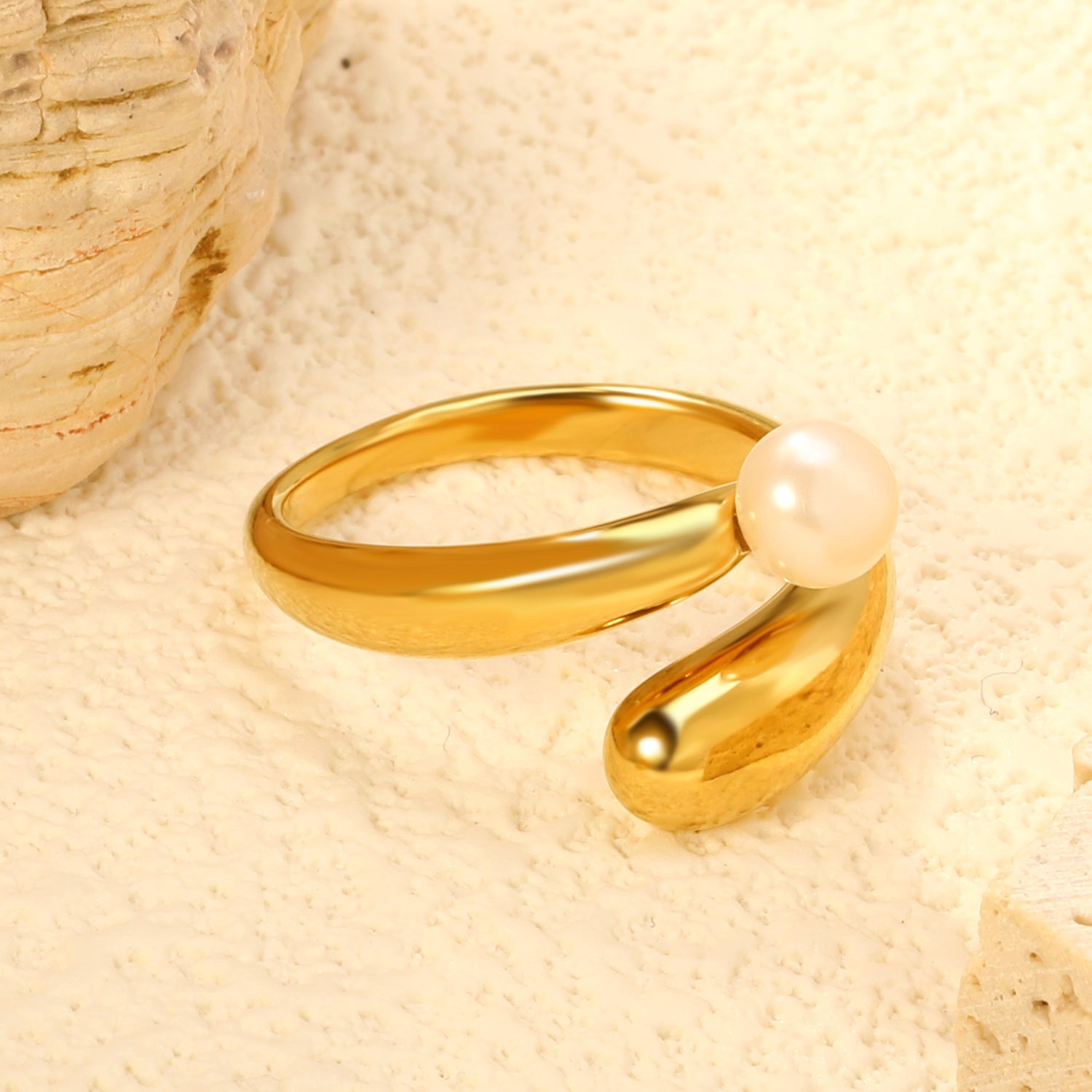 18K Gold - Plated Ring with Curved Band and Single Pearl asonjewelry