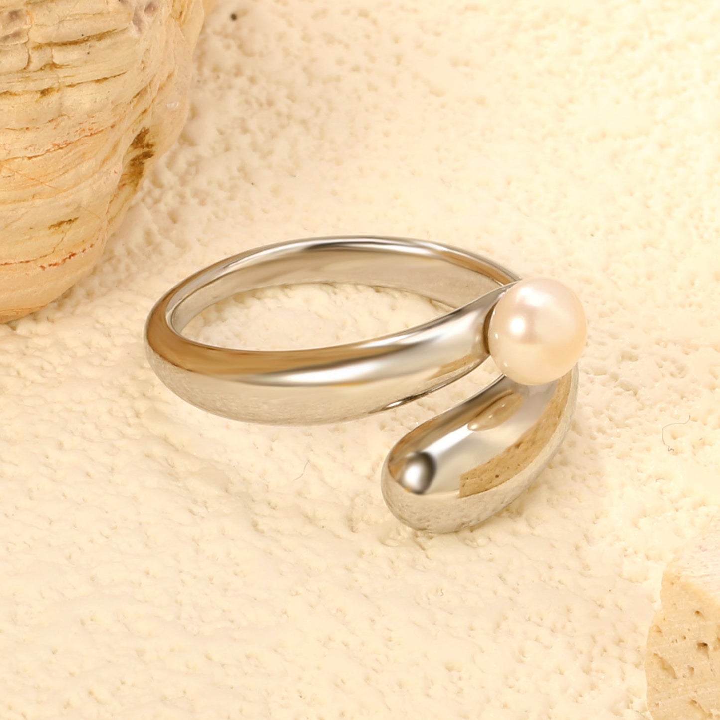 18K Gold - Plated Ring with Curved Band and Single Pearl asonjewelry