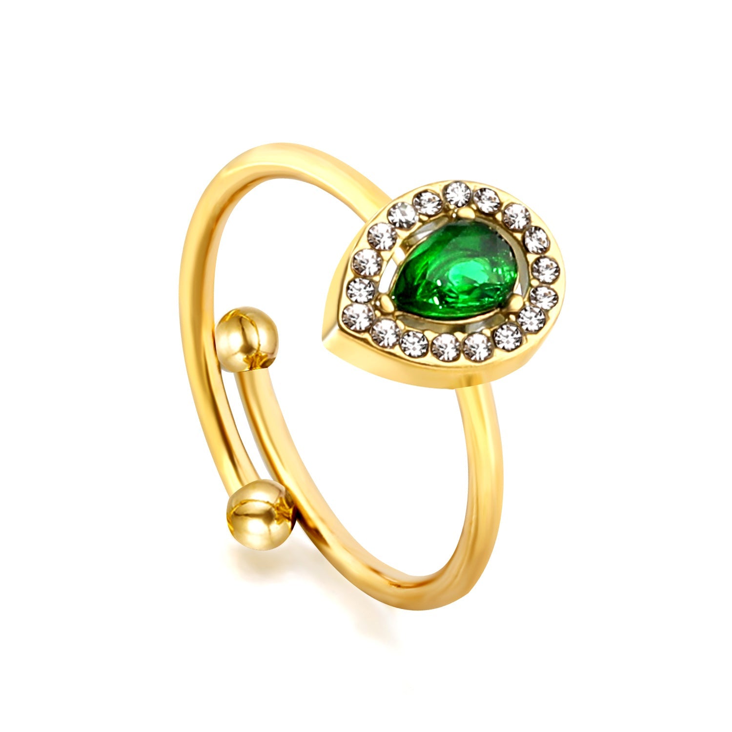 Teardrop green diamond with small white diamonds ending in an open round bead ring asonjewelry