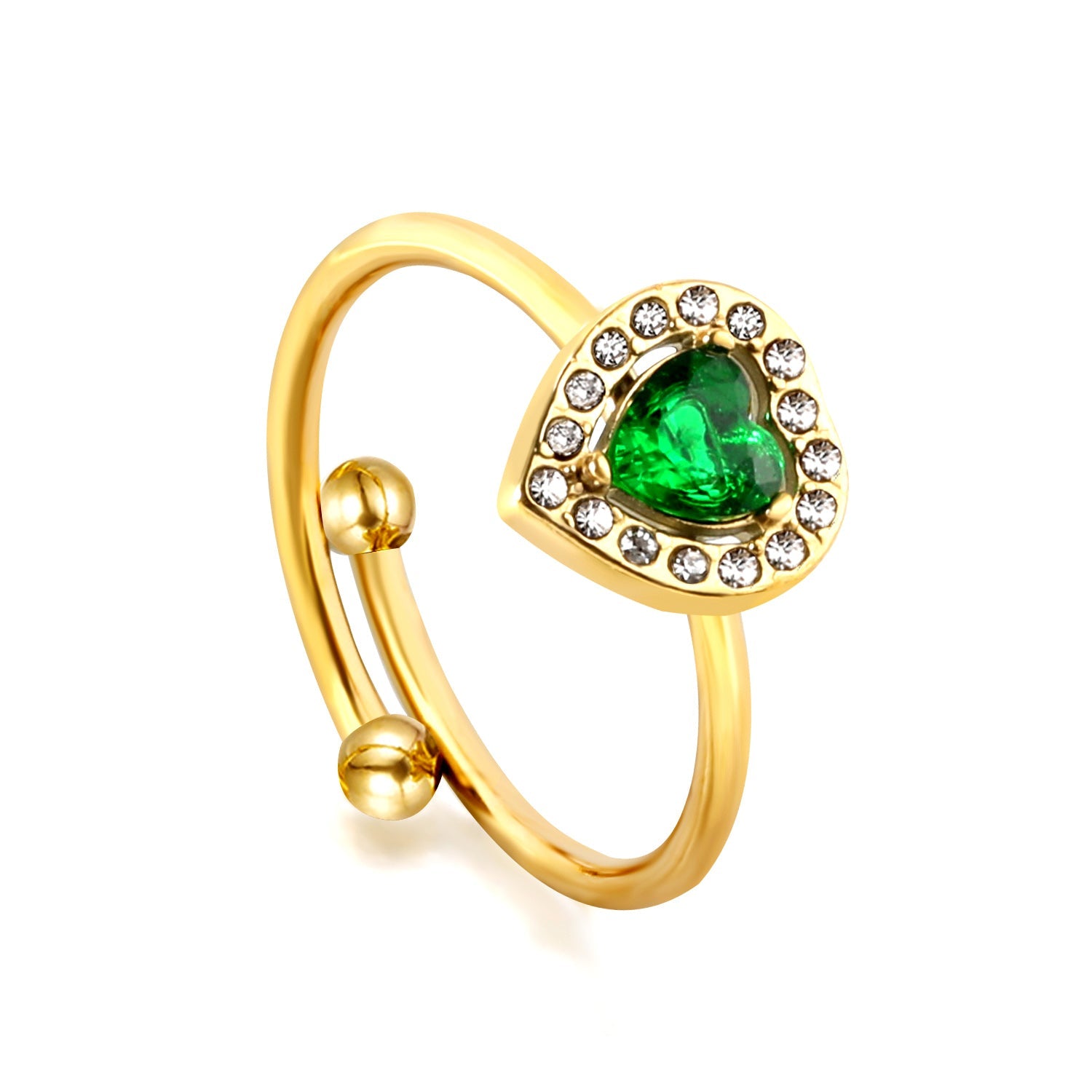 Heart shaped green diamond with small white diamonds ending in an open round bead ring asonjewelry