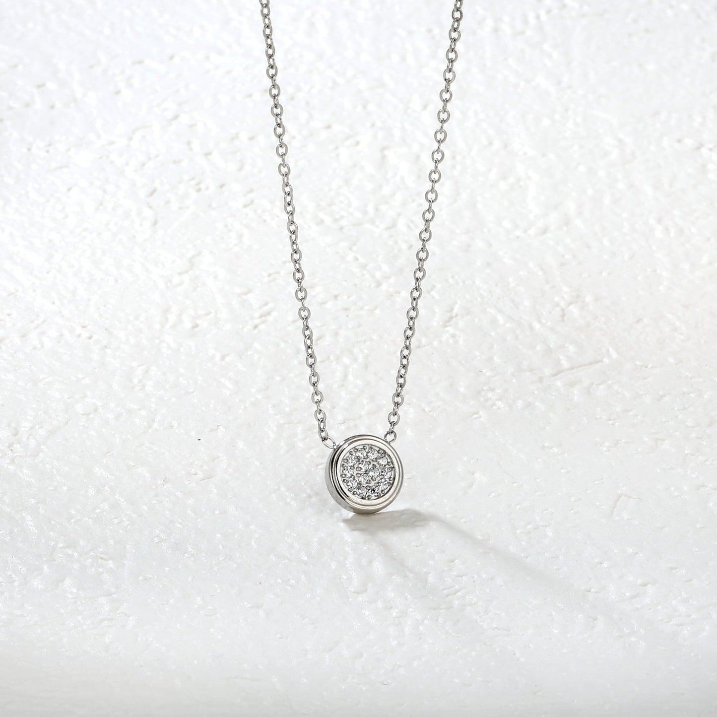 8.5mm beveled round CNC white zirconia pendant 0.3 cross chain 40+5cm+6mm round pendant necklace steel color/gold color asonjewelry