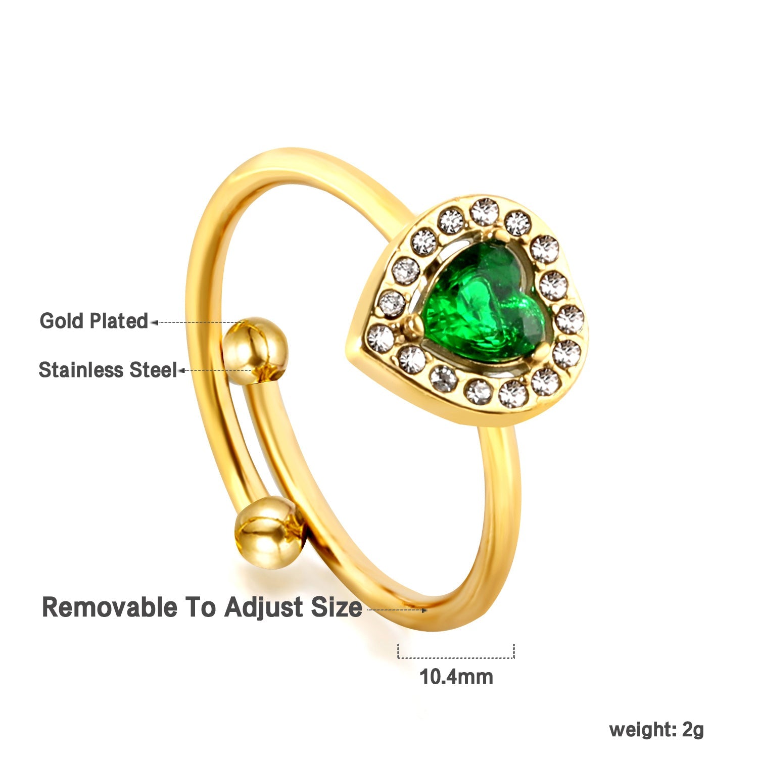 Heart shaped green diamond with small white diamonds ending in an open round bead ring asonjewelry