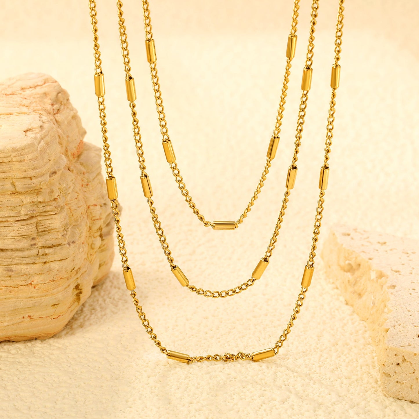 Sweater Chain W1.4*Wire0.4mm Side Wrap Tube Chain 50+60+70cm+5cm+6mm Round Tail Plaque Necklace Steel/Golden asonjewelry