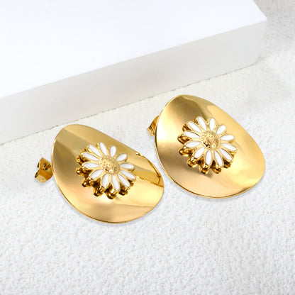 27.2*29mm oval piece with 14.6mm white oil drop daisy stud earrings gold color asonjewelry