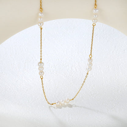 5x5mm 15 freshwater pearls 0.35 cross chain 40+5cm + 6mm round pendant necklace, gold asonjewelry