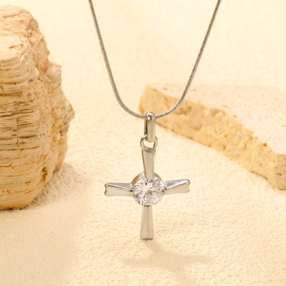 20.8*27.5mm Cross + White Zirconia 0.9 Round Snake 40+5cm Necklace Steel Color asonjewelry