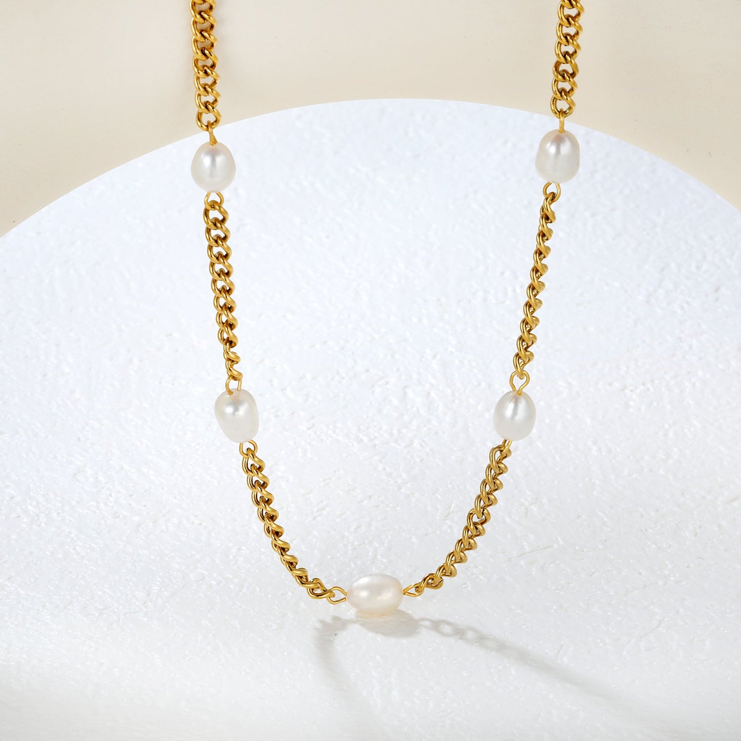 6*8mm 5 freshwater pearls 4mm side chain 40+5cm+6mm round pendant necklace, gold asonjewelry