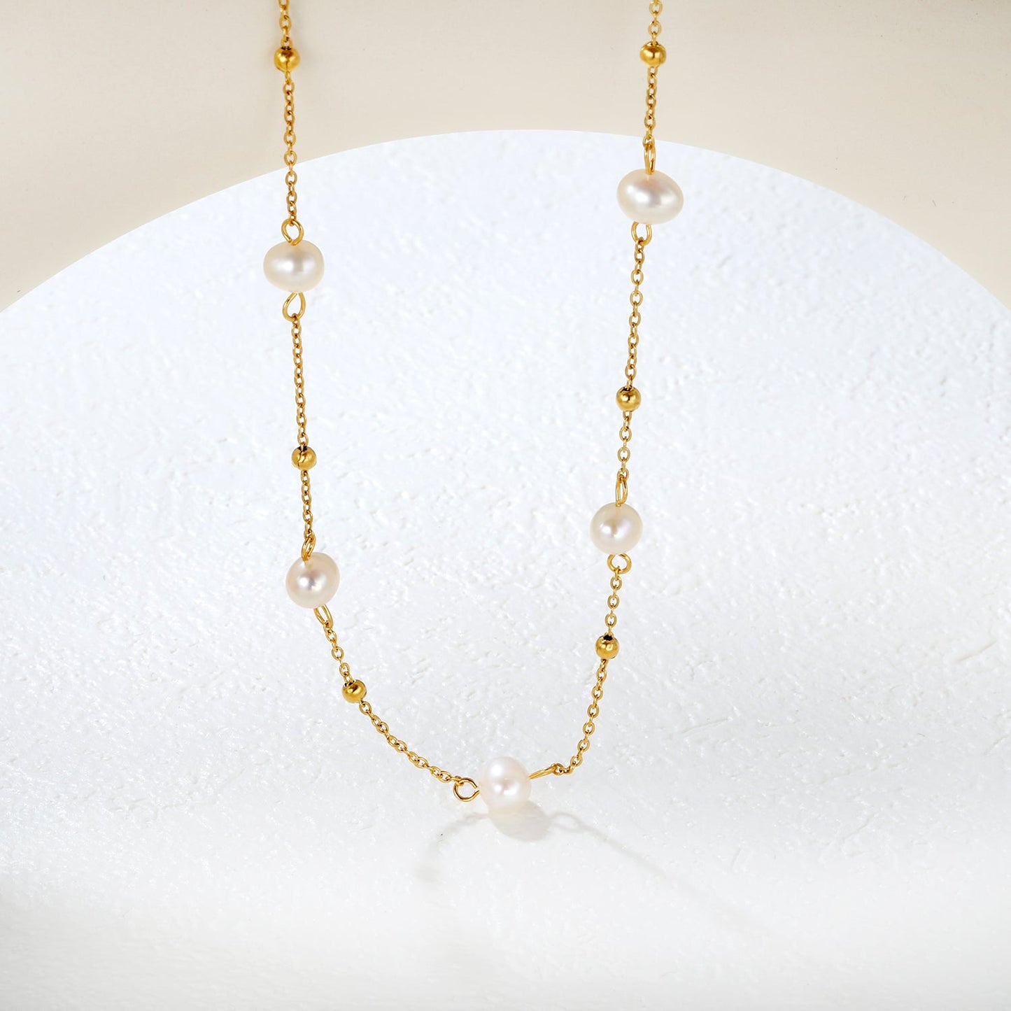 6x8mm Five Freshwater Pearls 0.35 Cross Bead Chain 40+5cm + 6mm Round Tail Tag Necklace Gold asonjewelry