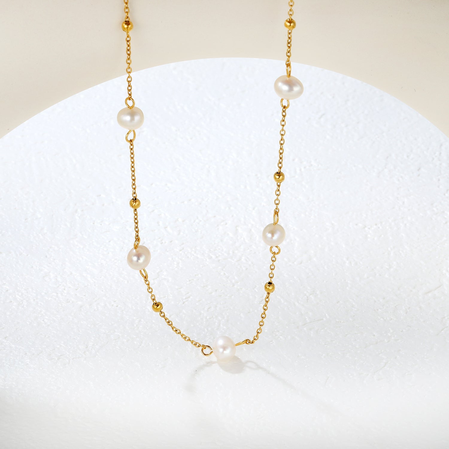 6x8mm Five Freshwater Pearls 0.35 Cross Bead Chain 40+5cm + 6mm Round Tail Tag Necklace Gold asonjewelry