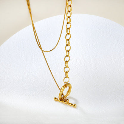 Sweater Chain 2.6 x 25mm Straight Teardrop + 16 x 18mm Oval Pendant 0.9 Round Snake + 6.0 Pearl 85cm Necklace Steel Color/Gold Color asonjewelry