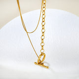 Sweater Chain 2.6 x 25mm Straight Teardrop + 16 x 18mm Oval Pendant 0.9 Round Snake + 6.0 Pearl 85cm Necklace Steel Color/Gold Color
