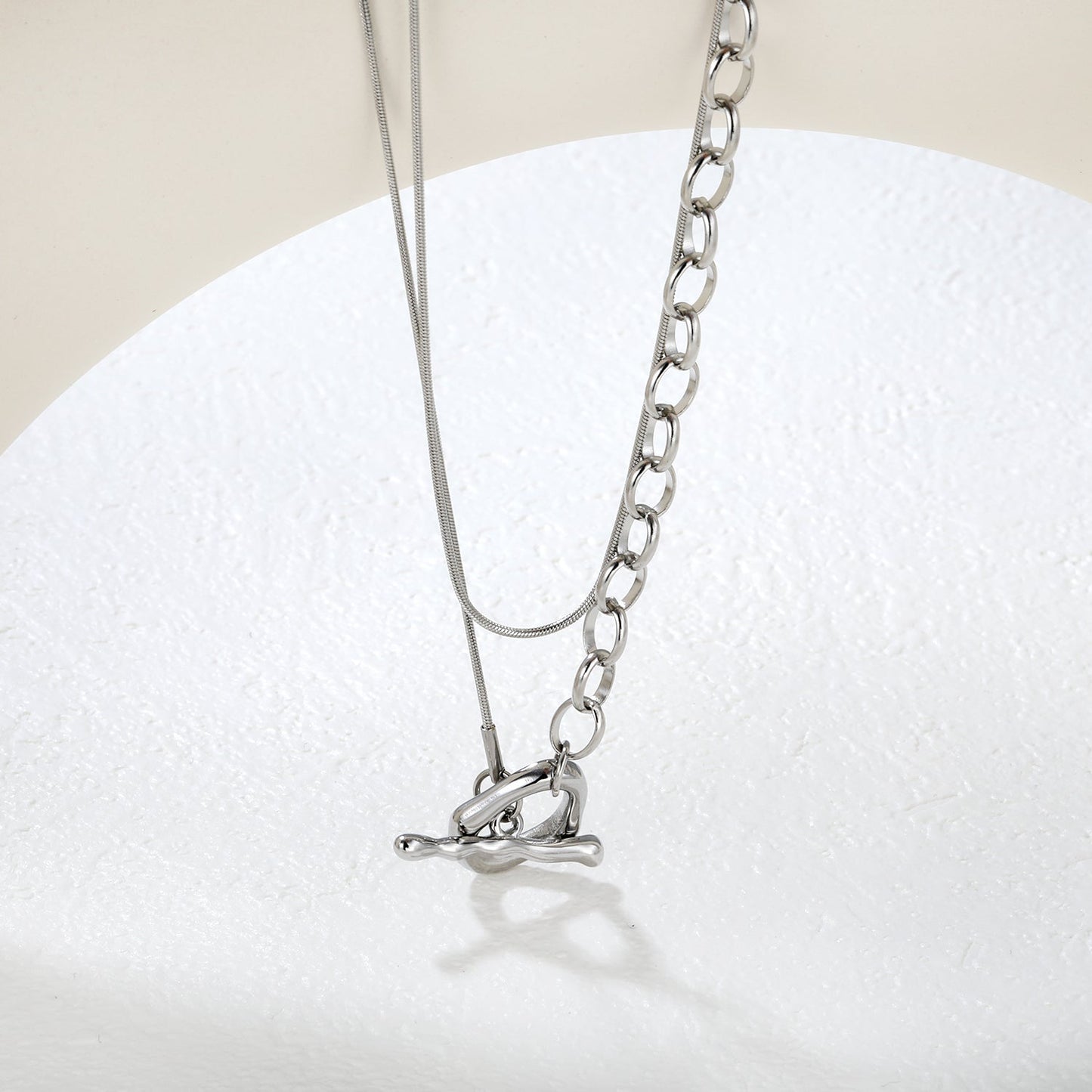 Sweater Chain 2.6 x 25mm Straight Teardrop + 16 x 18mm Oval Pendant 0.9 Round Snake + 6.0 Pearl 85cm Necklace Steel Color/Gold Color asonjewelry